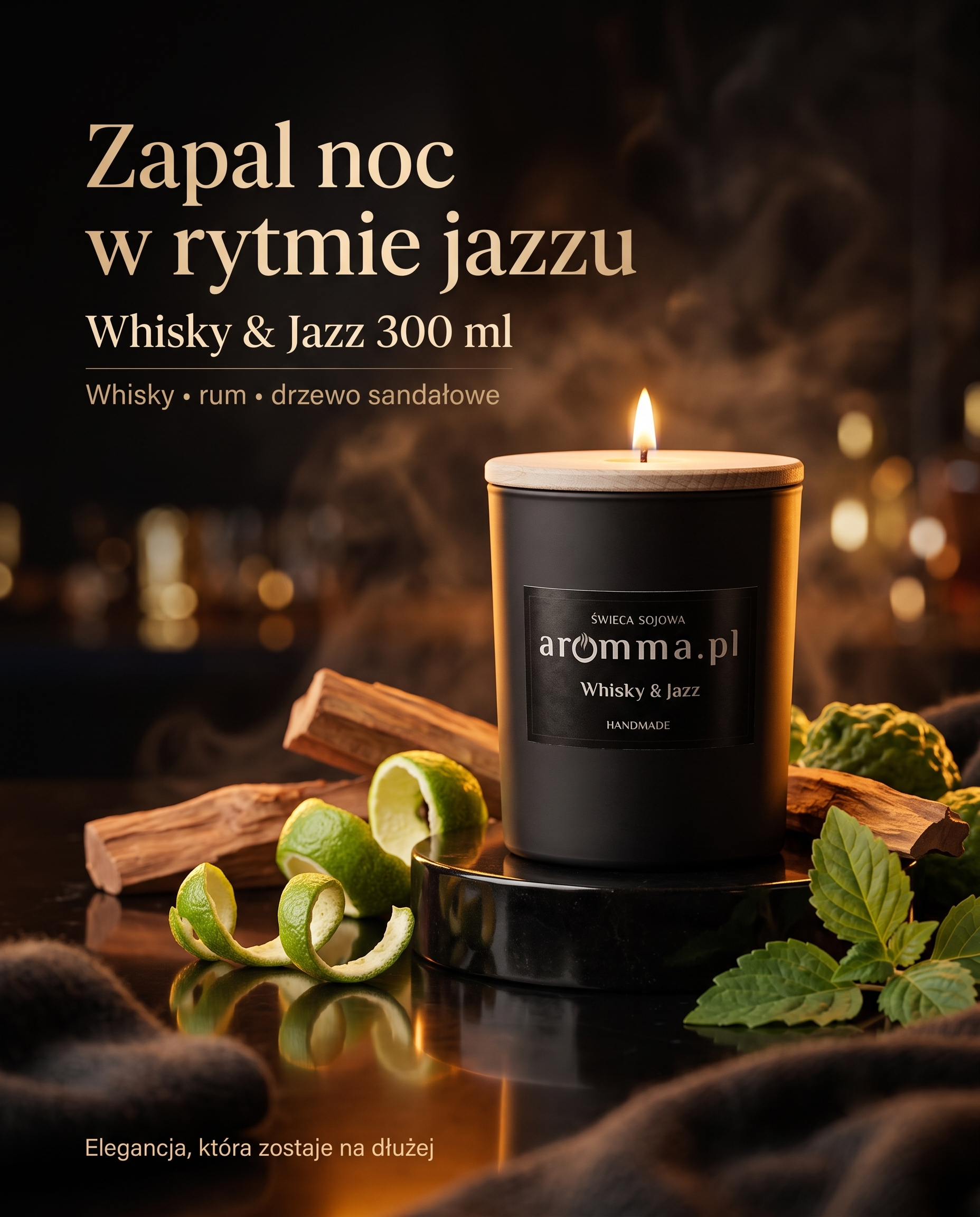 Naturalna świeca sojowa Aromma o zapachu Whisky & Jazz.