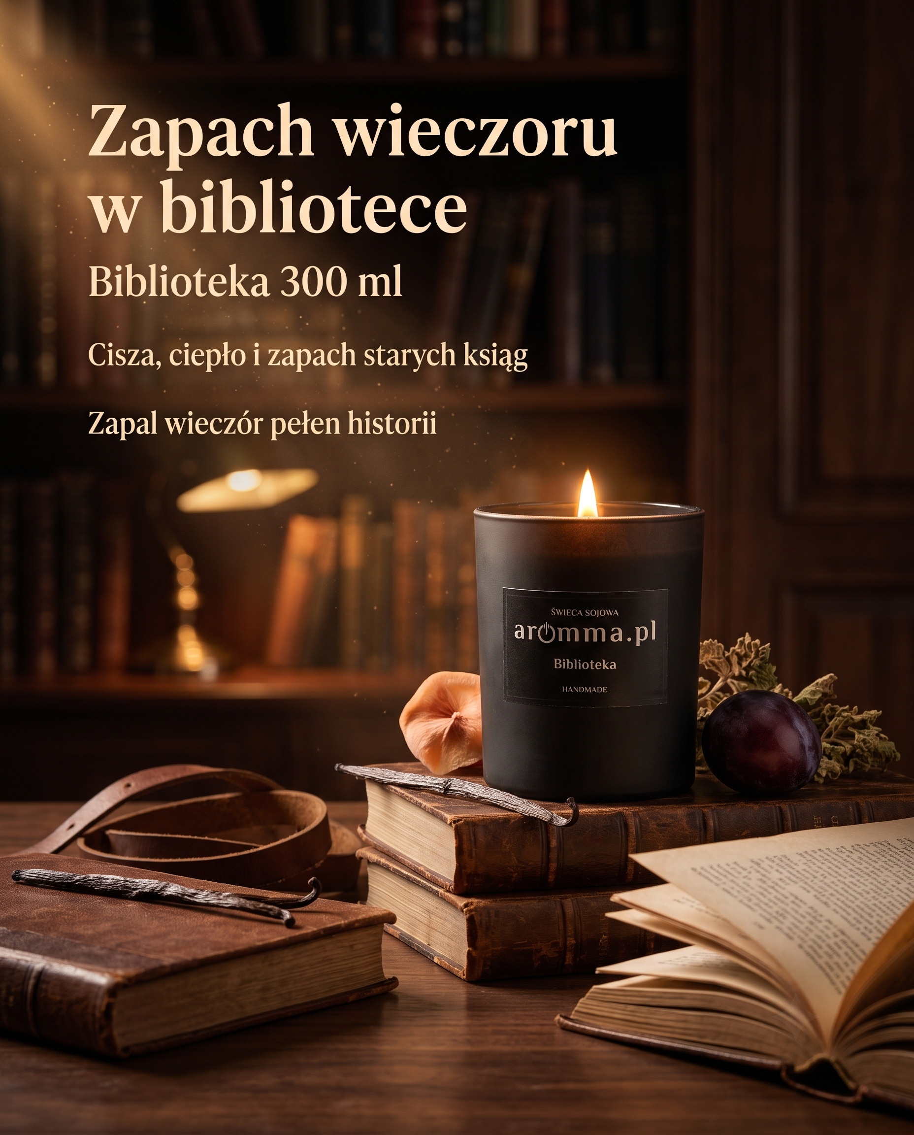 Naturalna świeca sojowa Aromma o zapachu Biblioteka.