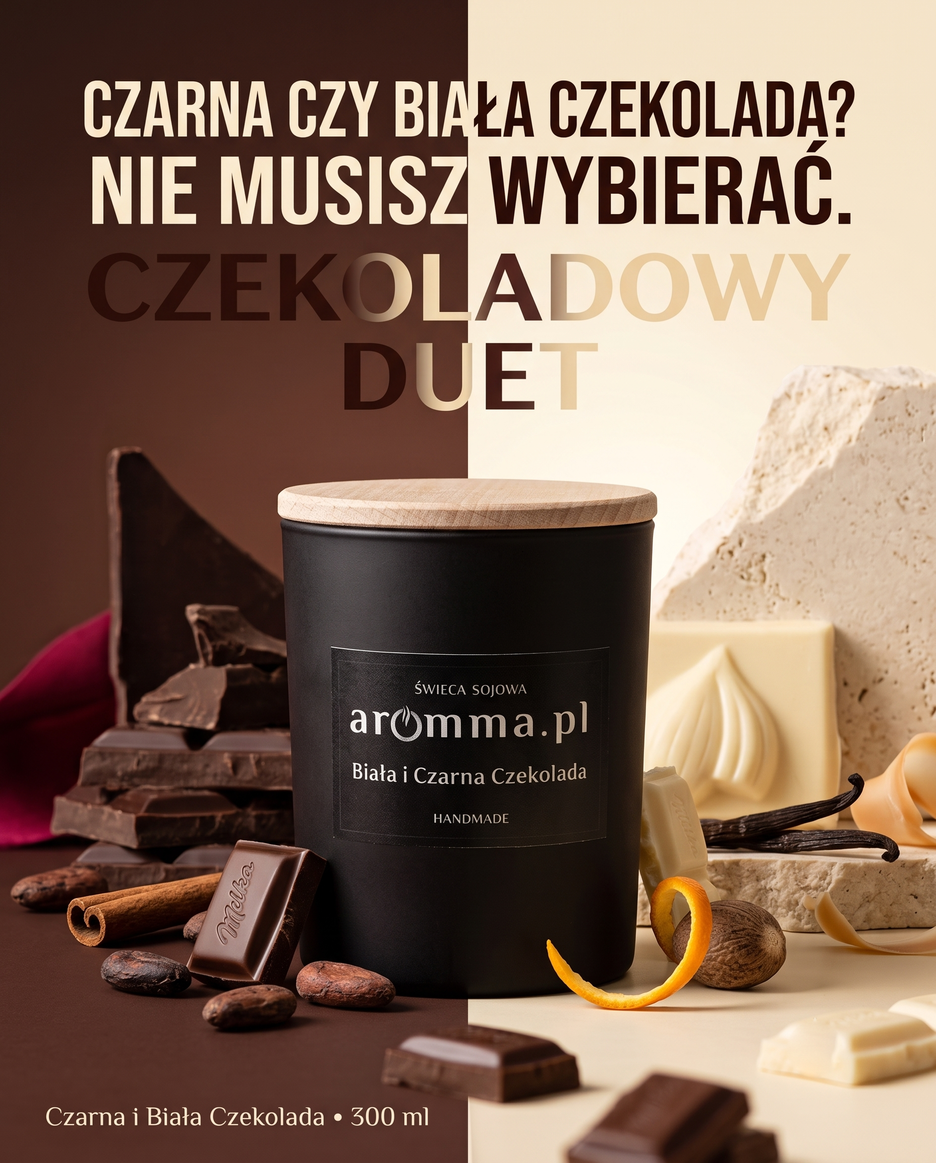 Naturalna świeca sojowa Aromma o zapachu Czarna i Biała Czekolada.