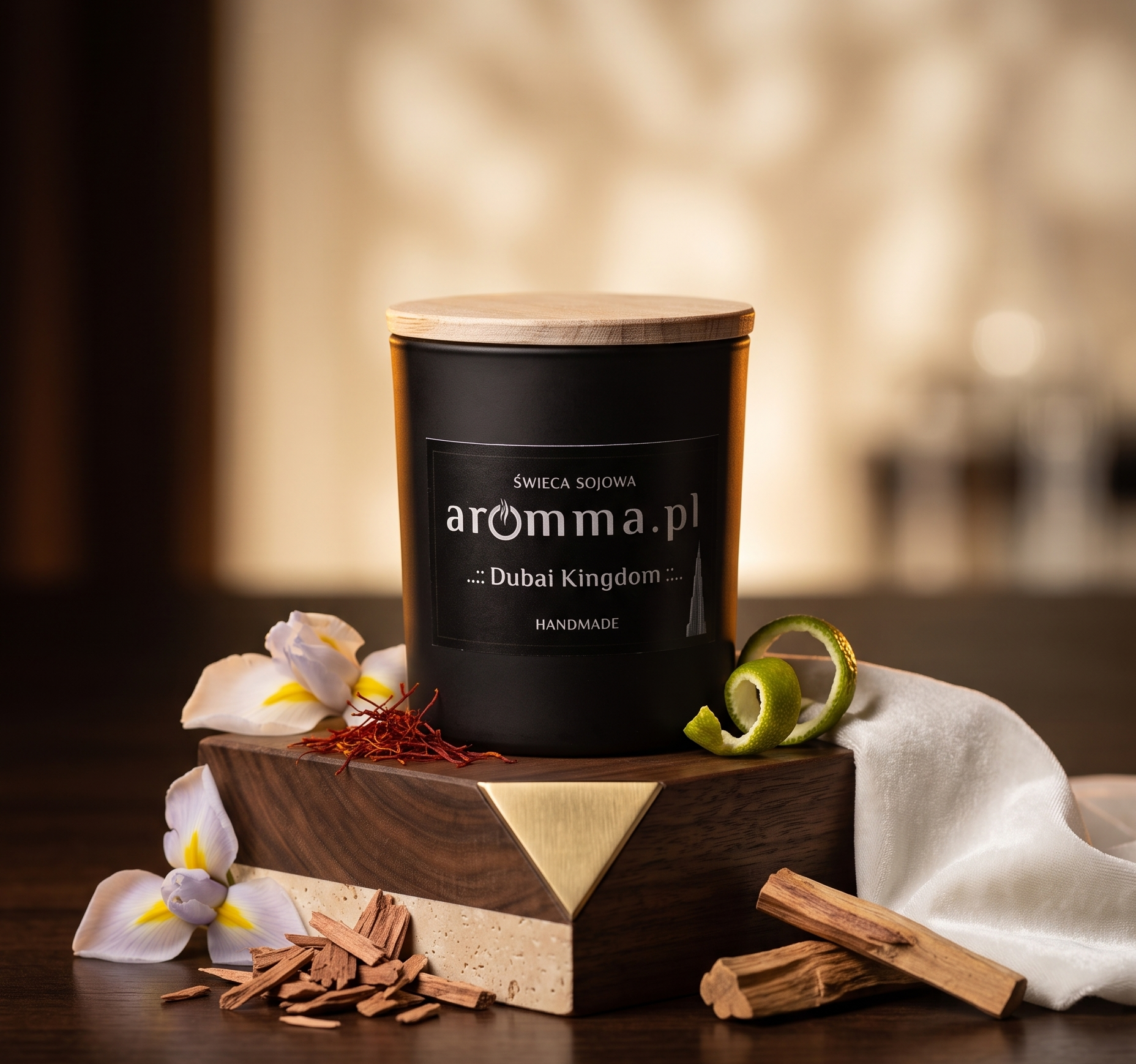 Naturalna świeca sojowa Aromma o zapachu szafranu - Dubai Kingdom.