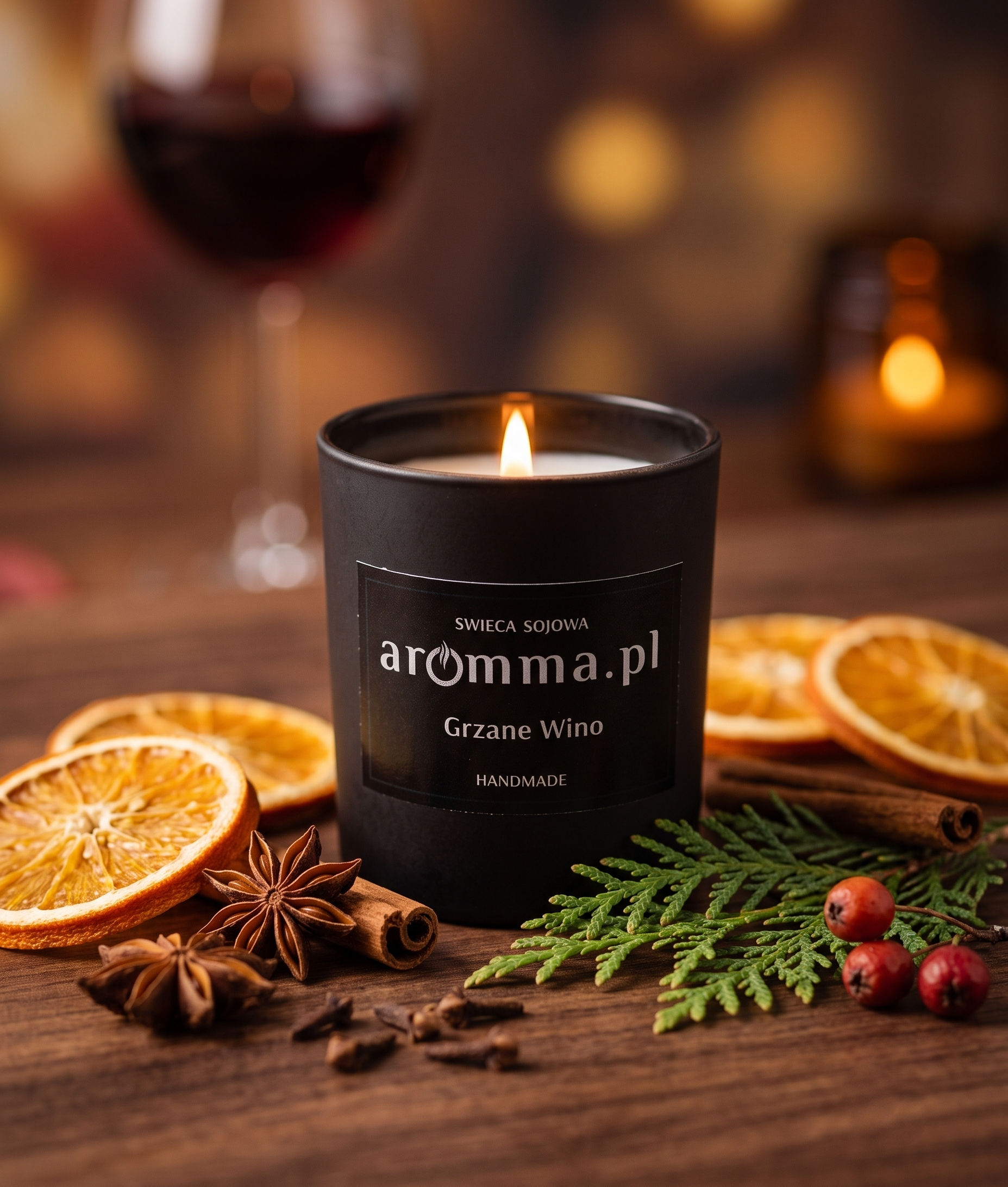 Naturalna świeca sojowa Aromma o zapachu Grzane Wino.