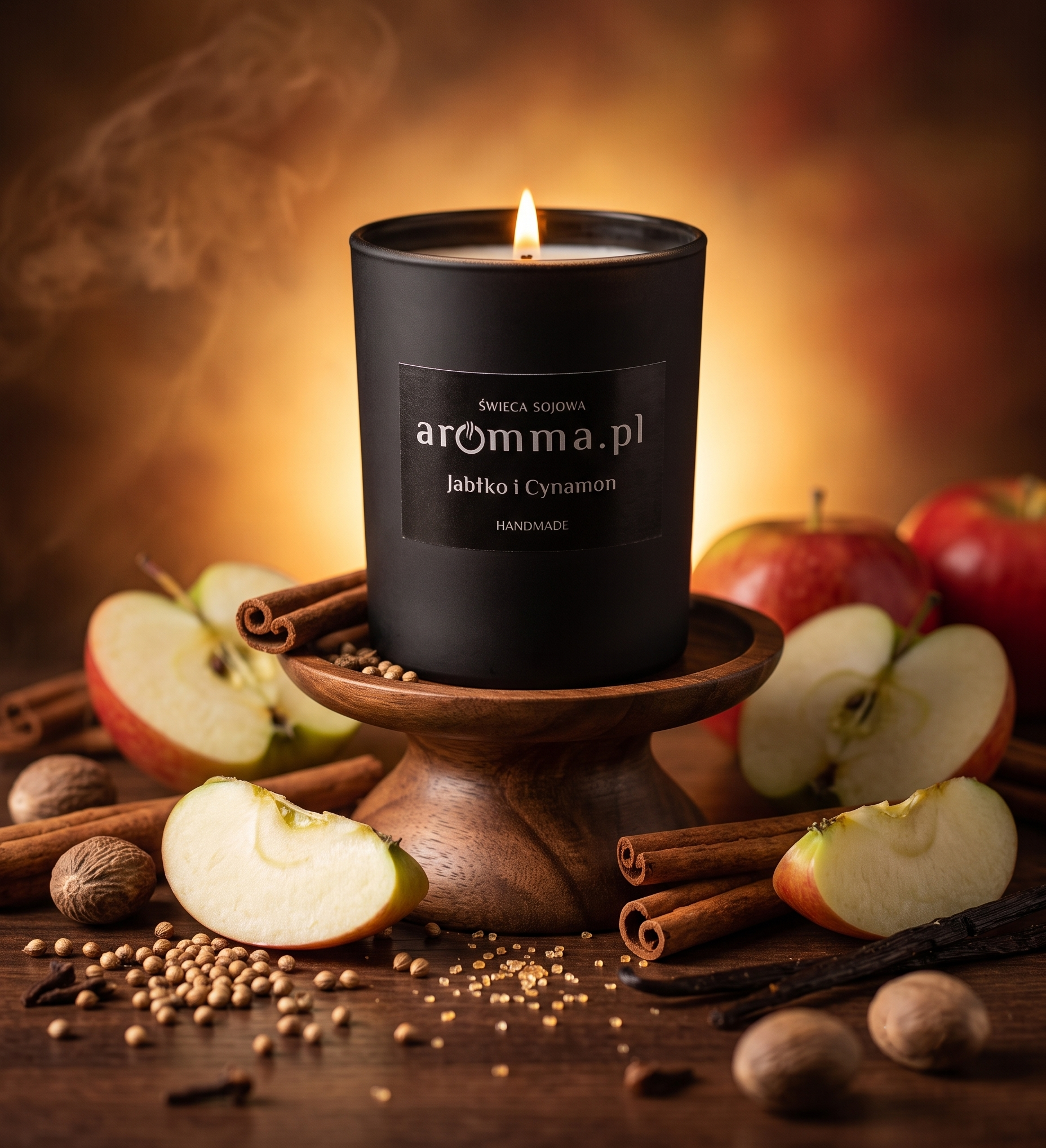 Naturalna świeca sojowa Aromma o zapachu Jabłko i Cynamon.