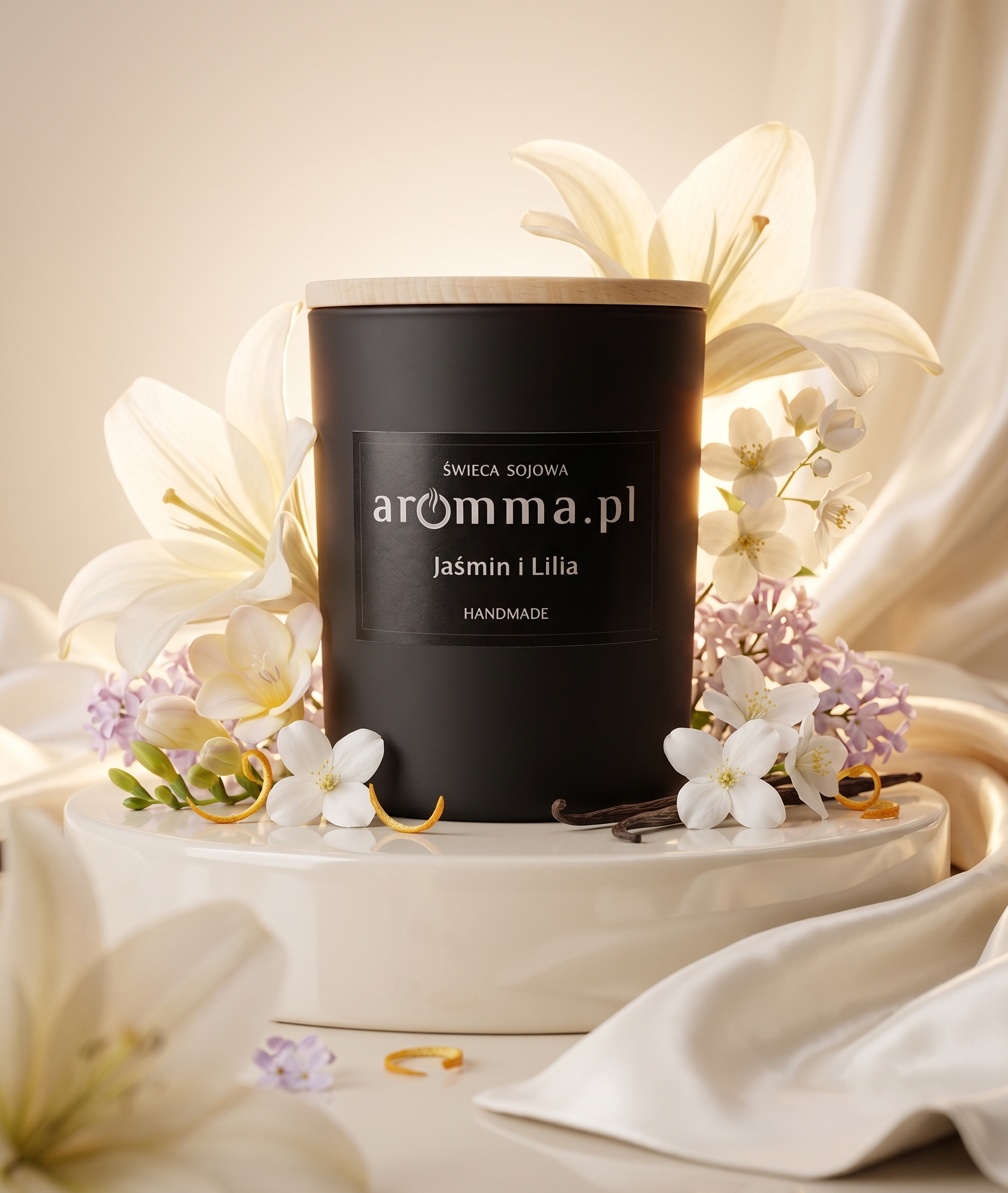 Naturalna świeca sojowa Aromma o zapachu Jaśmin i Lilia.