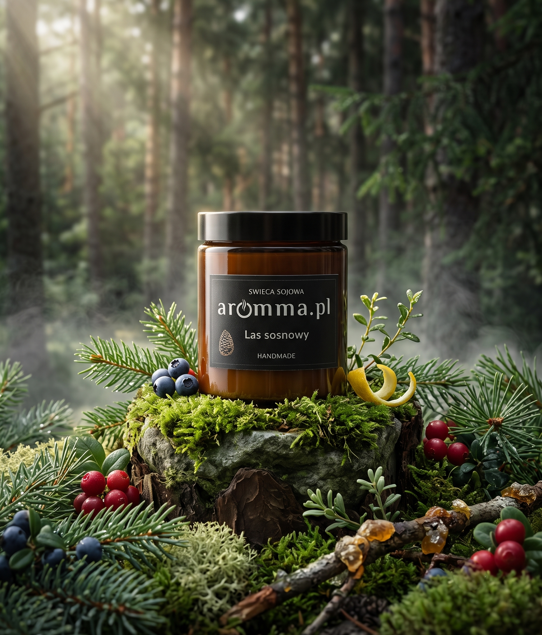 Naturalna świeca sojowa Aromma o zapachu Las Sosnowy.