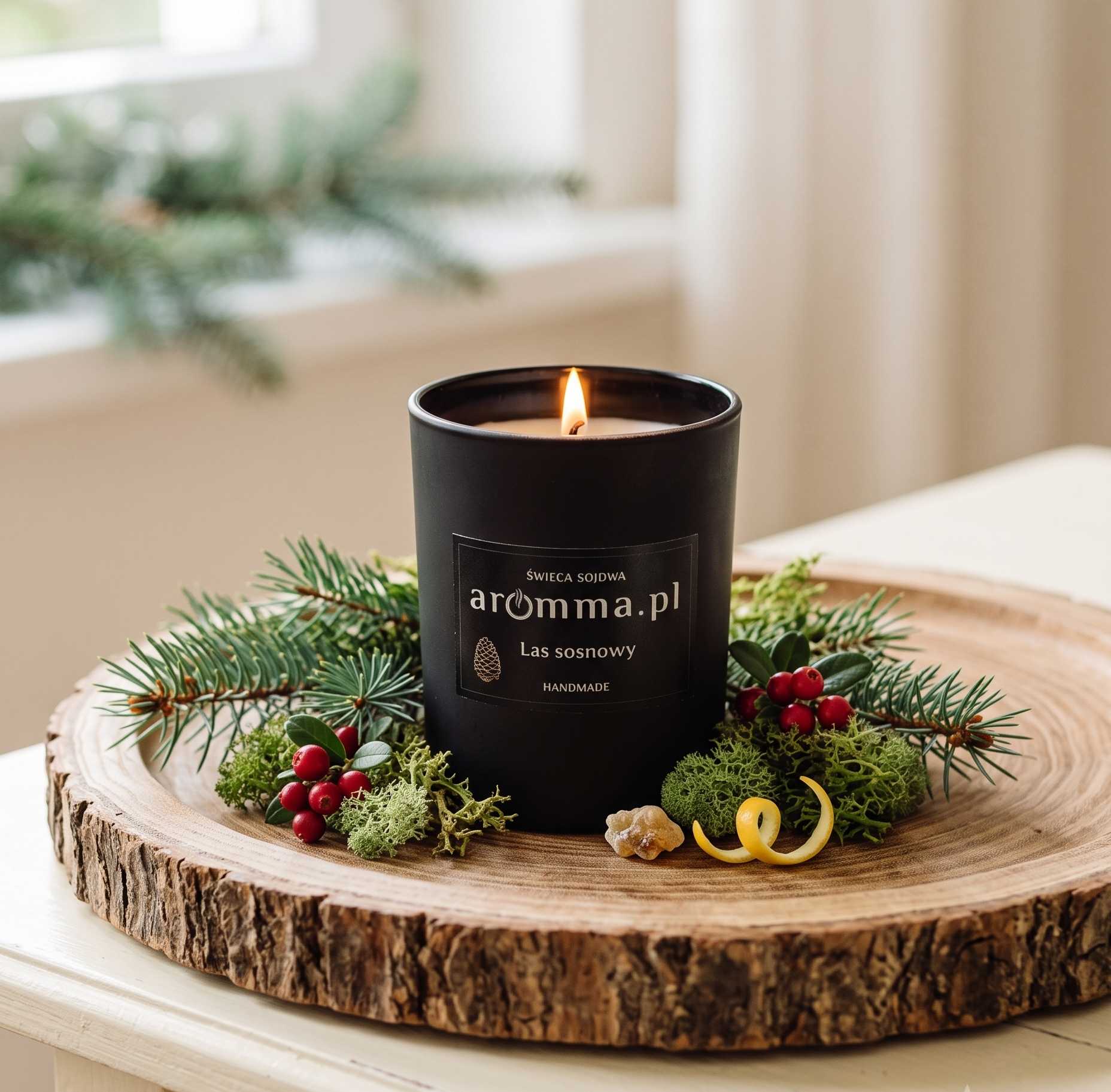 Naturalna świeca sojowa Aromma o zapachu Las Sosnowy.