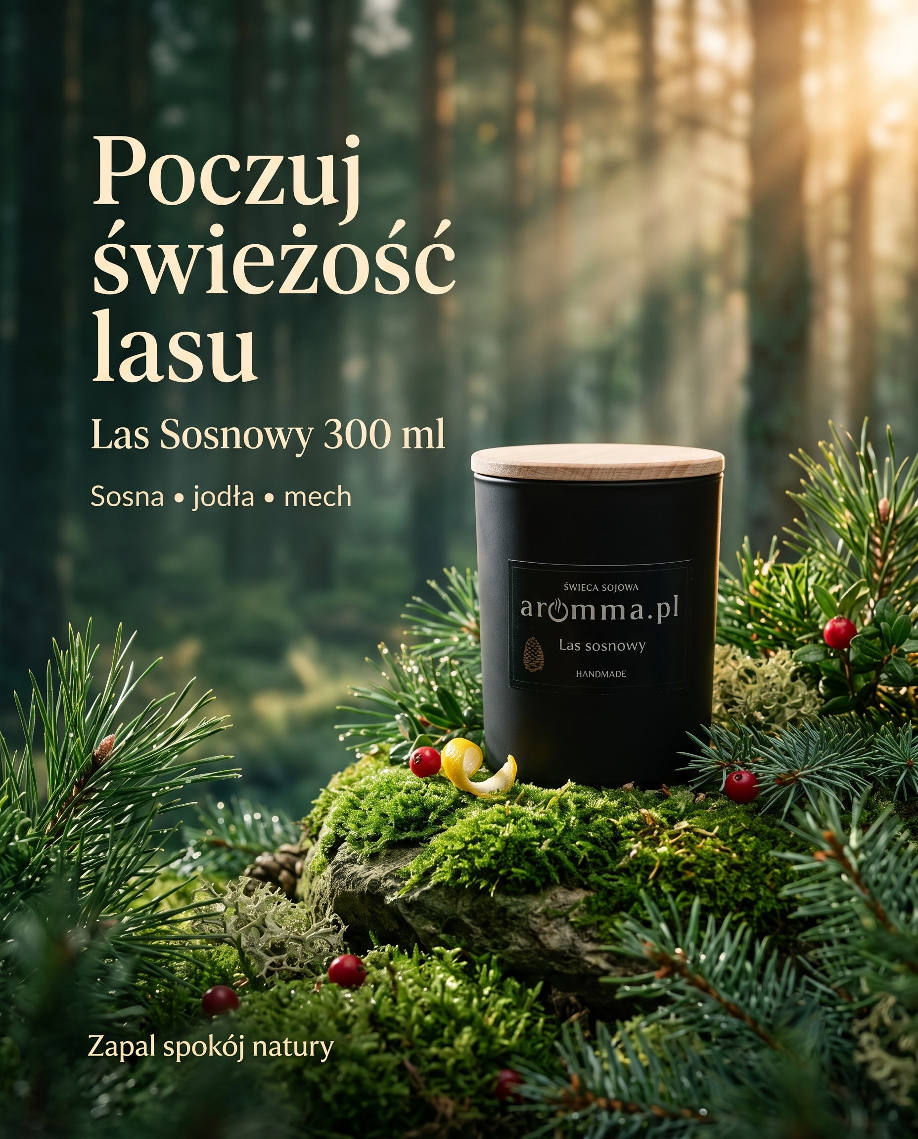 Naturalna świeca sojowa Aromma o zapachu Las Sosnowy.