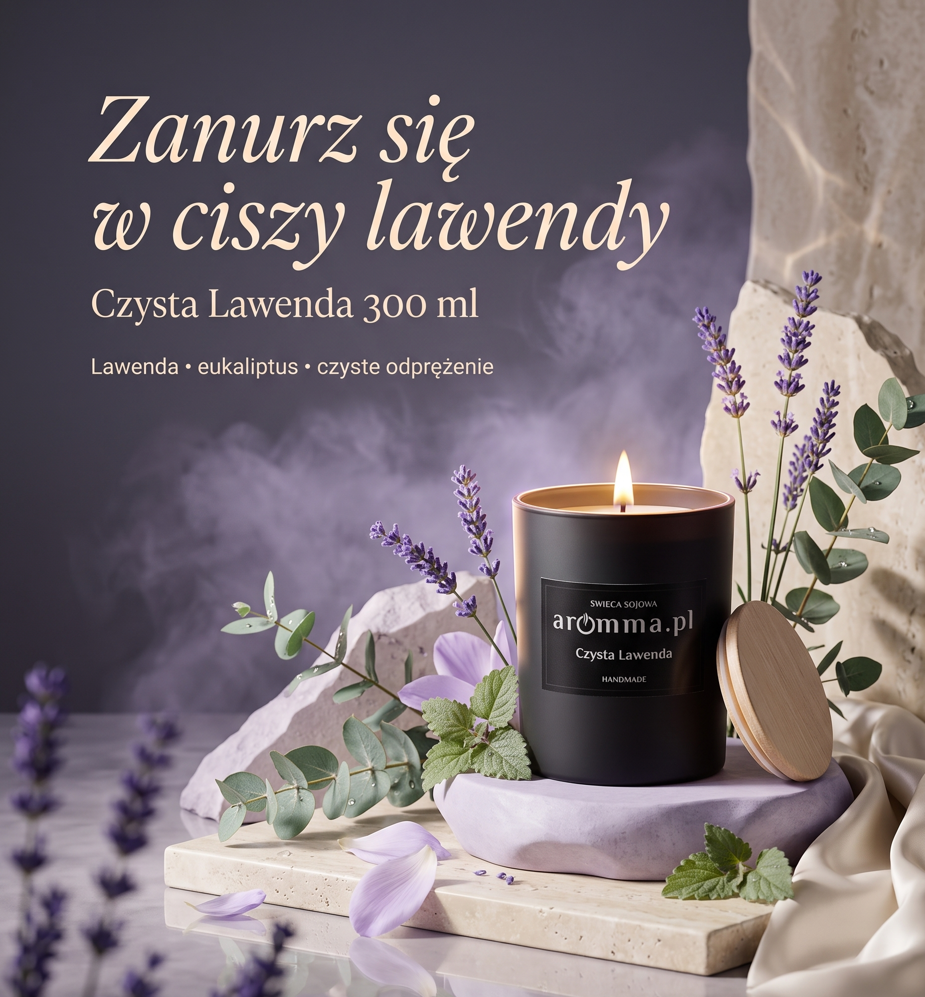 Naturalna świeca sojowa Aromma o zapachu Czysta Lawenda.