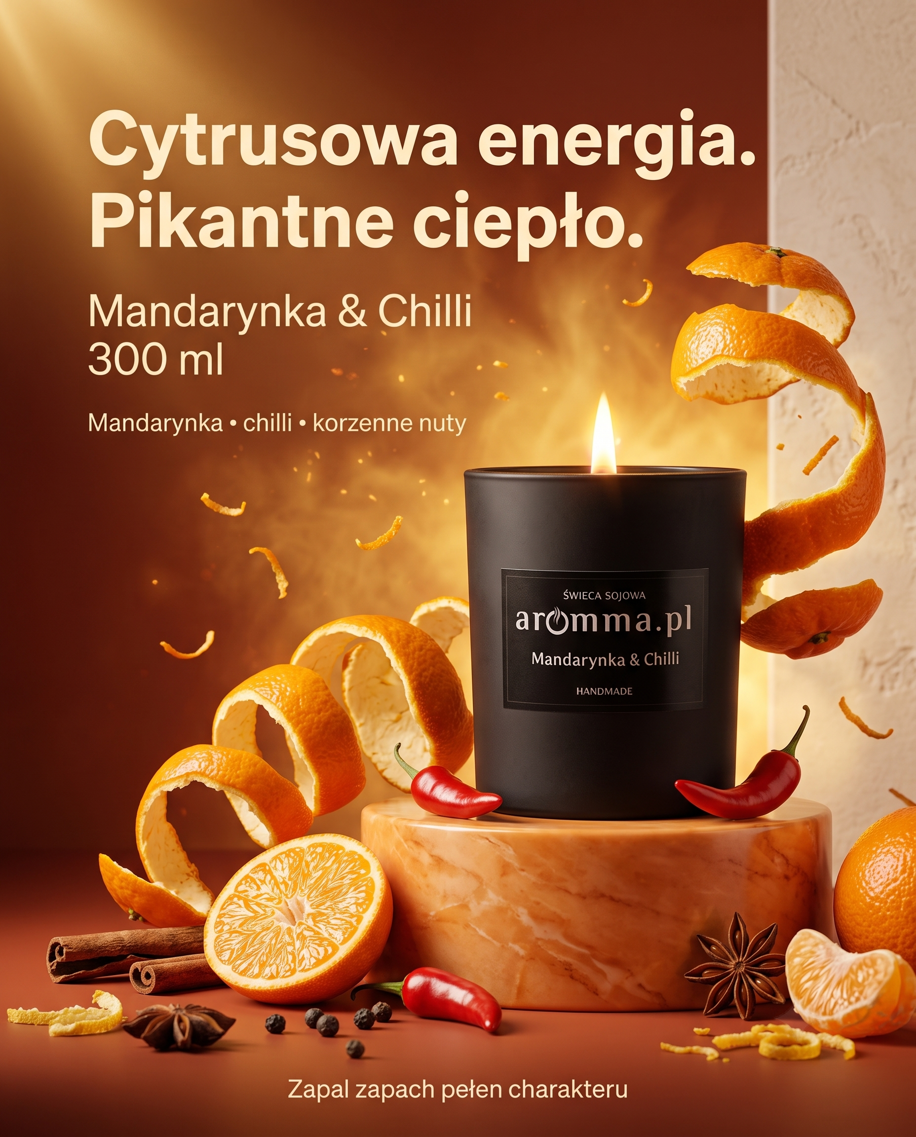 Naturalna świeca sojowa Aromma o zapachu Mandarynka i Chilli.