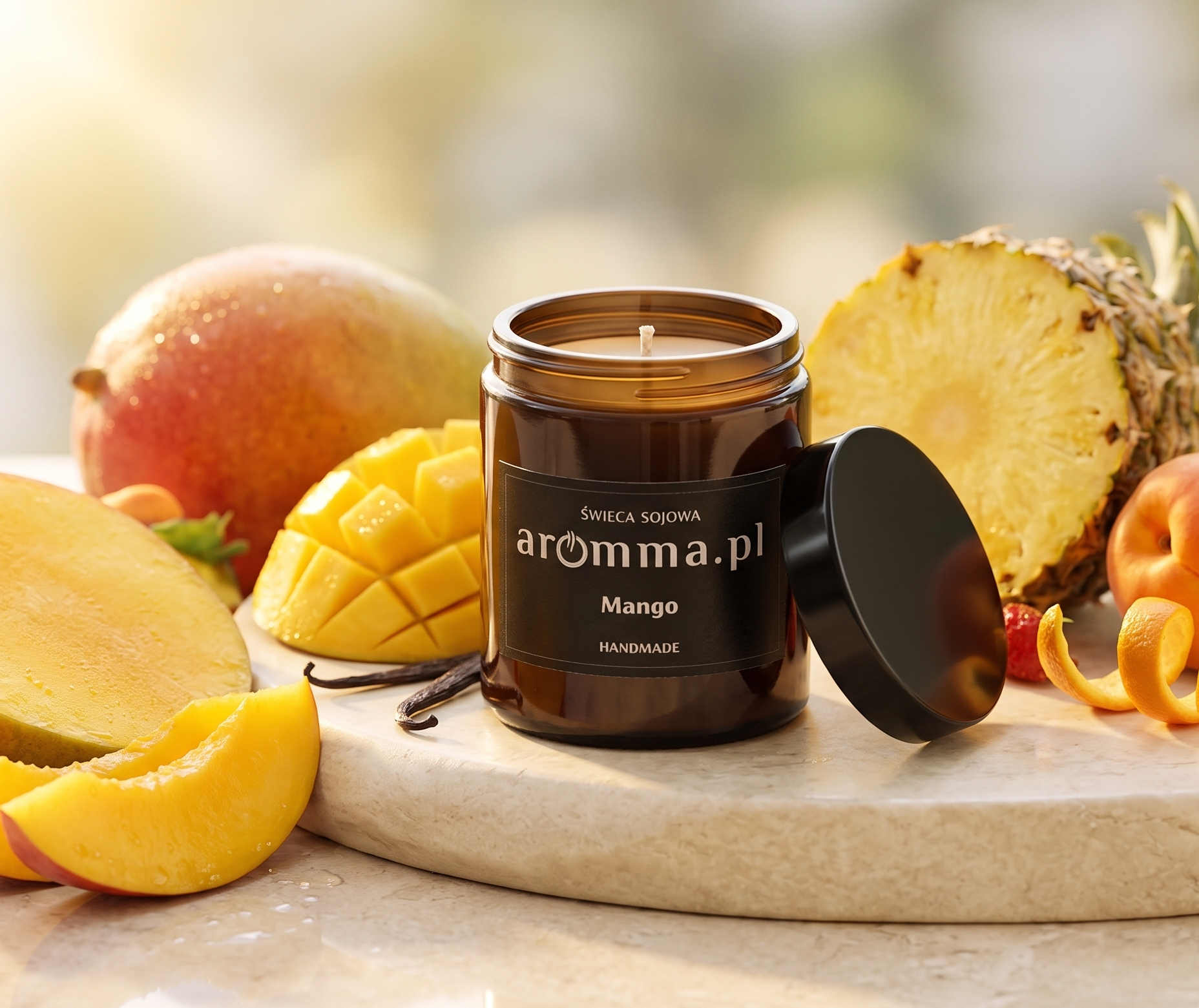 Naturalna świeca sojowa Aromma o zapachu mango.