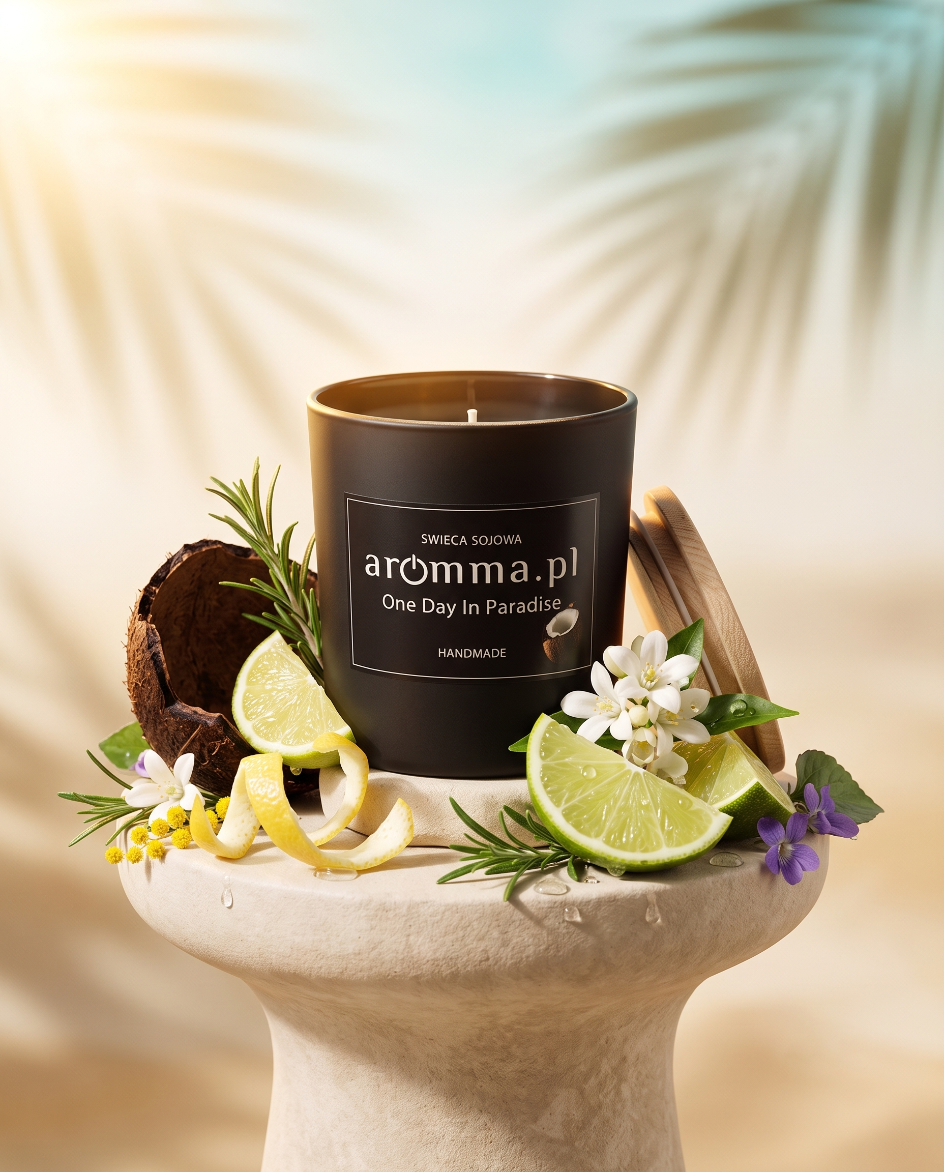 Naturalna świeca sojowa Aromma o zapachu Czarny Kokos.