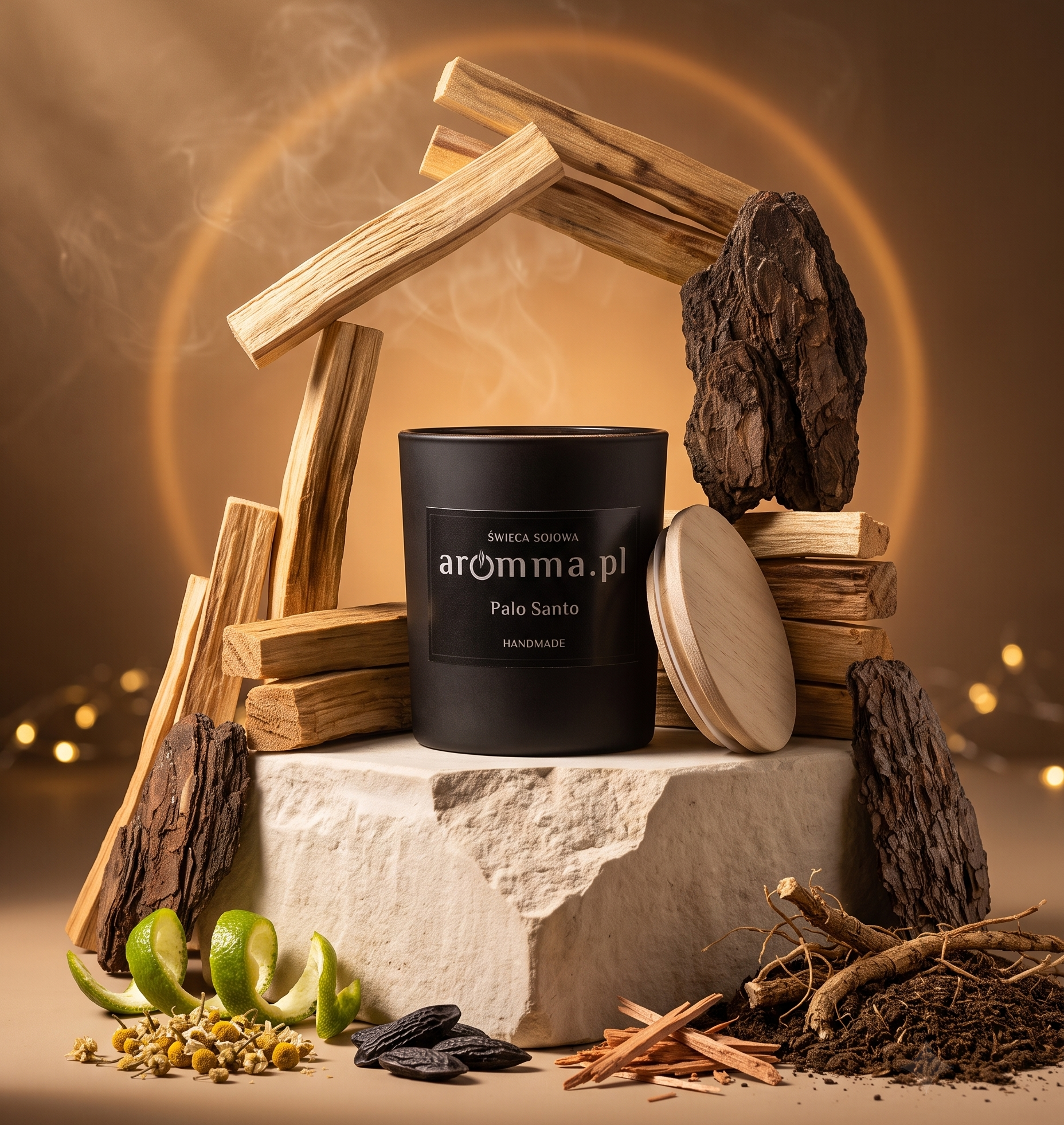 Naturalna świeca sojowa Aromma o zapachu Palo Santo.