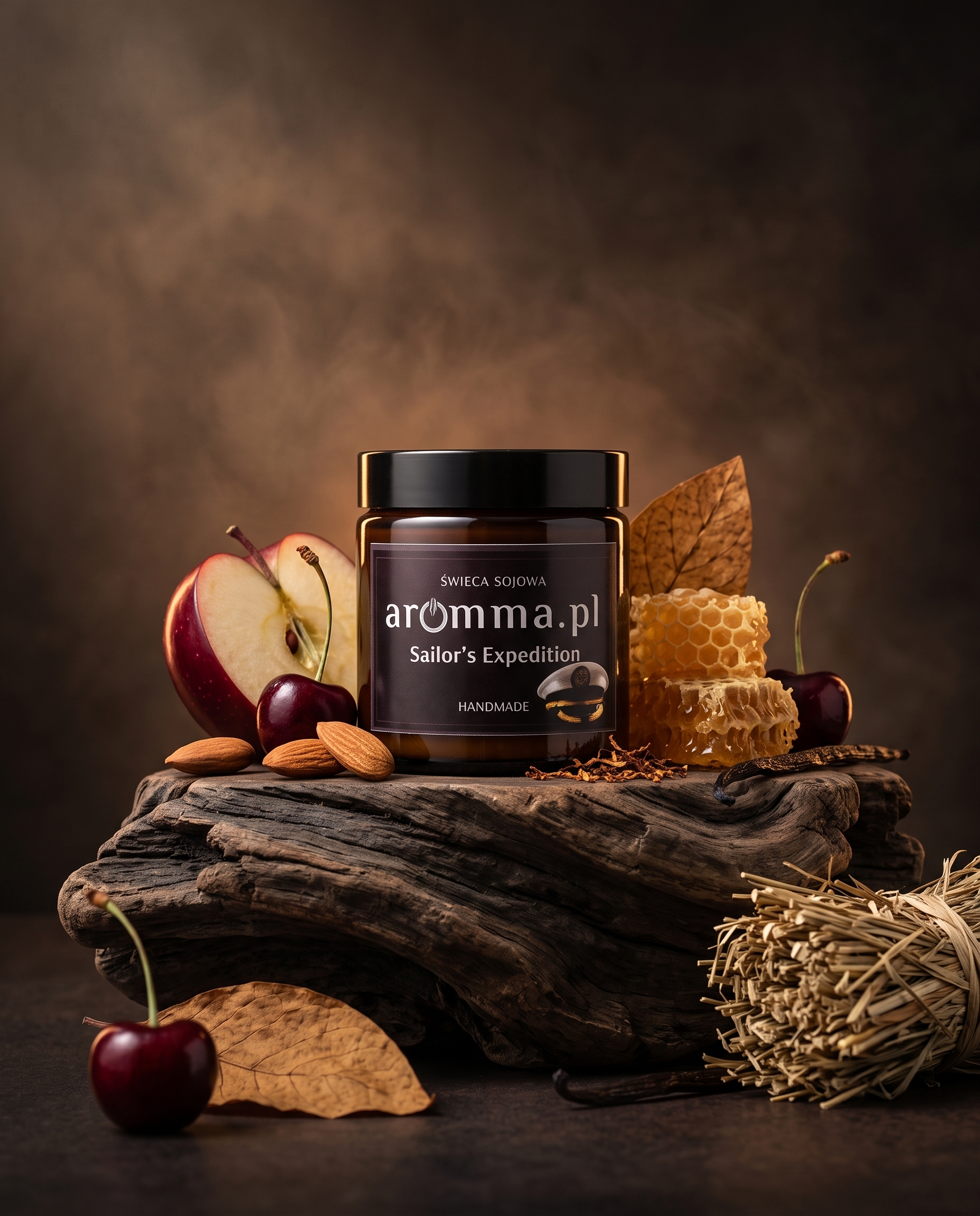 Naturalna świeca sojowa Aromma o zapachu Tytoń i Miód.