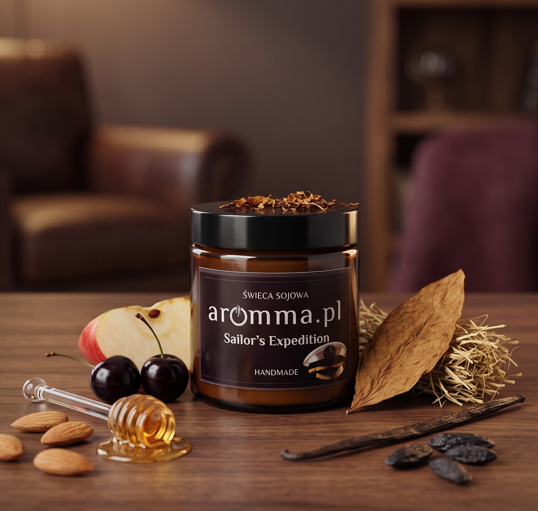 Naturalna świeca sojowa Aromma o zapachu Tytoń i Miód.