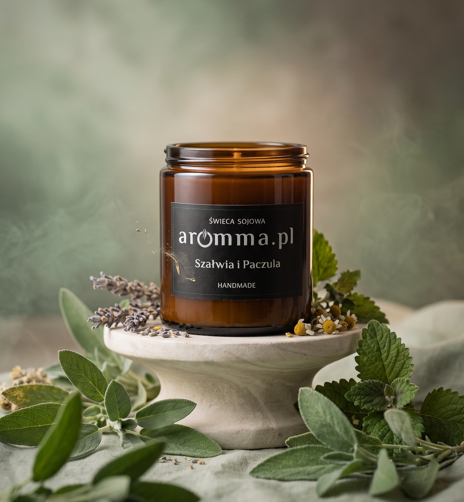 Naturalna świeca sojowa Aromma o zapachu Szałwia i Paczula.