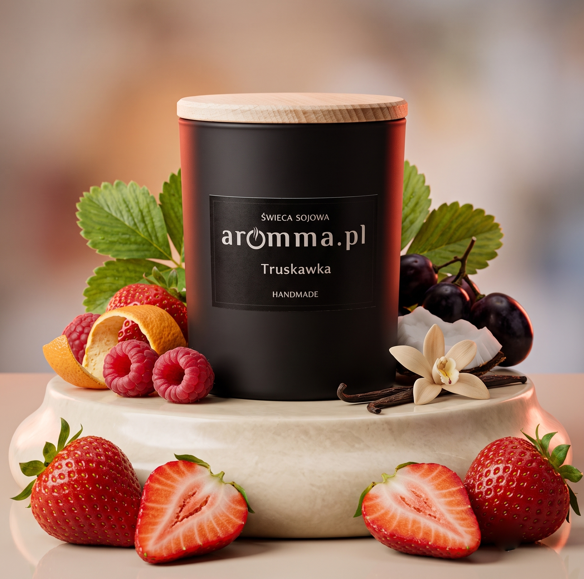 Naturalna świeca sojowa Aromma o zapachu Truskawka.